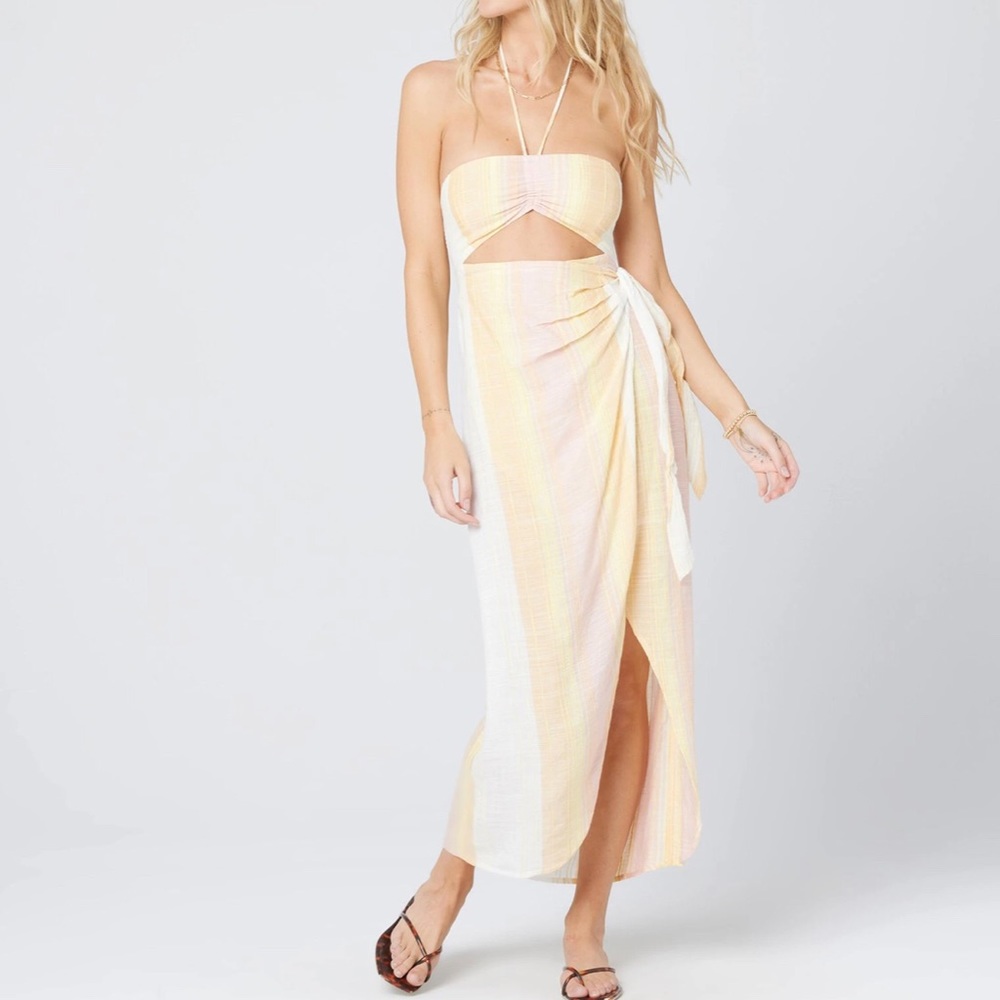 L*Space White and Yellow Sleeveless Halter Maxi Sundress